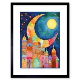 "Artery8 Wall Art Print Eid Crescent Moon Cityscape Folk Art Watercolour Painting Artwork Framed 9X7 Inch in Black - Size: W7"" x H9""" - thumbnail 1
