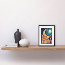 "Artery8 Wall Art Print Eid Crescent Moon Cityscape Folk Art Watercolour Painting Artwork Framed 9X7 Inch in Black - Size: W7"" x H9""" - thumbnail 2