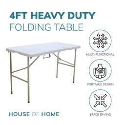 House of Home Folding Table 4ft Heavy Duty Plastic Camping Picnic Portable Banquet BBQ Tables in White - thumbnail 3