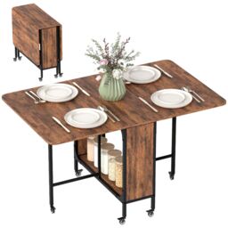 HOMCOM Mobile Drop Leaf Dining Table on Wheels with Storage Shelf in Dark Brown - thumbnail 2