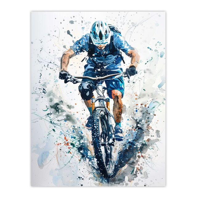 "Artery8 Mountain Biker Action Shot Paint Splat Portrait Wall Art Print in Blue - Size: W18"" x H24""" - image 1
