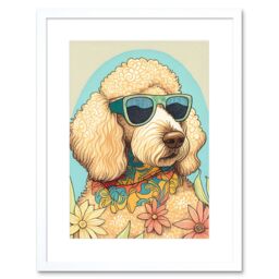 "Artery8 Wall Art Print Poodle Dog with Sunglasses & Bandana in Daisies Modern Multicoloured Artwork Framed 9X7 Inch in White - Size: W7"" x H9""" - thumbnail 1