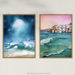 Wee Blue Coo Pack of 2 Sea Shore Waves Seaside Coastal Town Landscape Oil Painting Unframed Wall Art Living Room Prints Set in Blue - thumbnail 5
