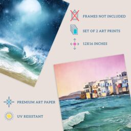 Wee Blue Coo Pack of 2 Sea Shore Waves Seaside Coastal Town Landscape Oil Painting Unframed Wall Art Living Room Prints Set in Blue - thumbnail 4