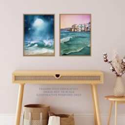 Wee Blue Coo Pack of 2 Sea Shore Waves Seaside Coastal Town Landscape Oil Painting Unframed Wall Art Living Room Prints Set in Blue - thumbnail 2