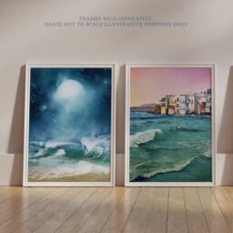 Wee Blue Coo Pack of 2 Sea Shore Waves Seaside Coastal Town Landscape Oil Painting Unframed Wall Art Living Room Prints Set in Blue - thumbnail 6