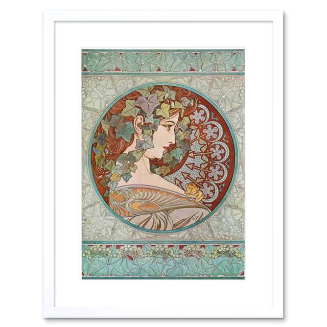 "Artery8 Wall Art Print Mucha Laurel 1901 Artwork Framed 9X7 Inch in White - Size: W7"" x H9""" - image 1