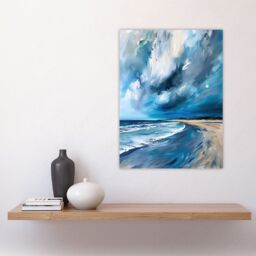 "Artery8 Scottish Sandy Bay Oil Painting Stormy Sky Blue Wall Art Print - Size: W24"" x H32""" - thumbnail 4