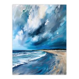 "Artery8 Scottish Sandy Bay Oil Painting Stormy Sky Blue Wall Art Print - Size: W24"" x H32""" - thumbnail 1