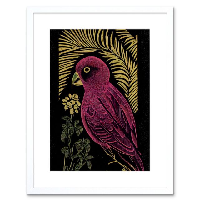 "Artery8 Wall Art Print Pink Parrot Bird Black Gold Tropical Plants Modern Vintage Linocut Artwork Framed 9X7 Inch in White - Size: W7"" x H9""" - image 1