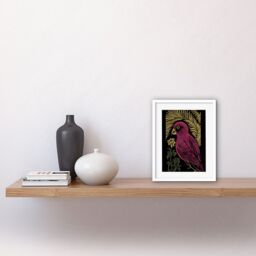 "Artery8 Wall Art Print Pink Parrot Bird Black Gold Tropical Plants Modern Vintage Linocut Artwork Framed 9X7 Inch in White - Size: W7"" x H9""" - thumbnail 2