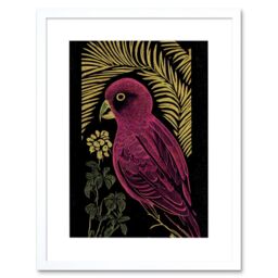 "Artery8 Wall Art Print Pink Parrot Bird Black Gold Tropical Plants Modern Vintage Linocut Artwork Framed 9X7 Inch in White - Size: W7"" x H9""" - thumbnail 1