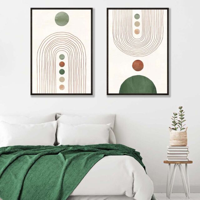 ARTZE Boho Arches in Sage Green & Cream Set of 2 Art Prints in Black Frames in Light Green - Size: W50 cm x H70 cm - image 1