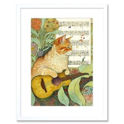 "Artery8 Wall Art Print Orange Tubby Cat with Guitar & Sheet Music in Floral Art Nouveau Pattern Artwork Framed 9X7 Inch in White - Size: W7"" x H9""" - thumbnail 1