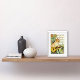 "Artery8 Wall Art Print Orange Tubby Cat with Guitar & Sheet Music in Floral Art Nouveau Pattern Artwork Framed 9X7 Inch in White - Size: W7"" x H9""" - thumbnail 2