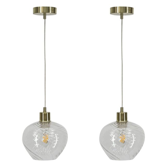 First Choice Lighting Set of 2 Bradson - Clear Swirl Glass with Satin Brass Pendant Fittings - image 1