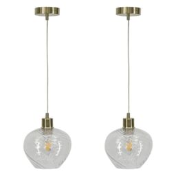 First Choice Lighting Set of 2 Bradson - Clear Swirl Glass with Satin Brass Pendant Fittings - thumbnail 1