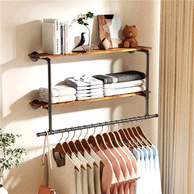 Havendro 2 Tier Pipe Clothes Rail Wall Mounted Shelf Black+Dark Brown in Black - image 1