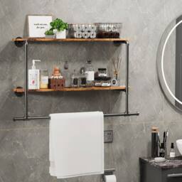 Havendro 2 Tier Pipe Clothes Rail Wall Mounted Shelf Black+Dark Brown in Black - thumbnail 5