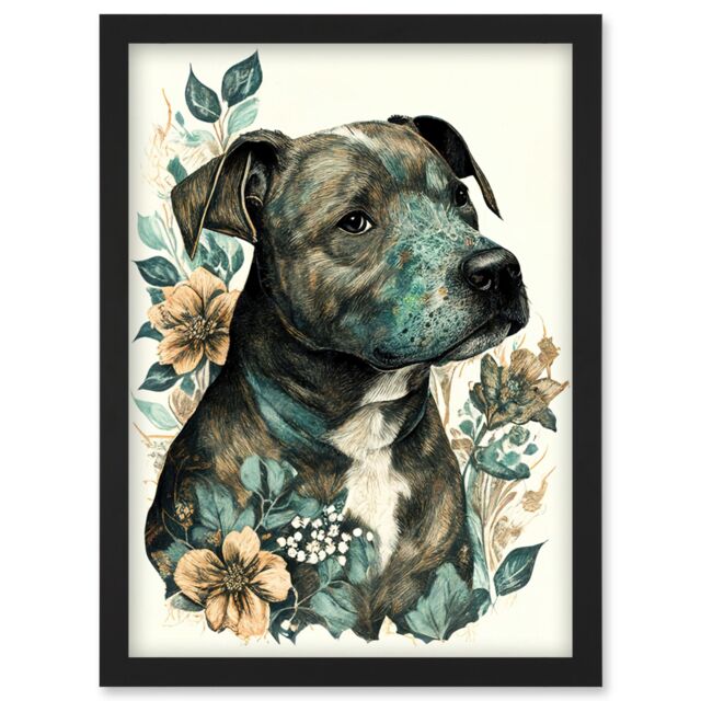 Artery8 Black Staffordshire Bull Terrier & Flowers Detailed Coloured Pencil Portrait Illustration Artwork Framed Wall Art Print A4 - image 1