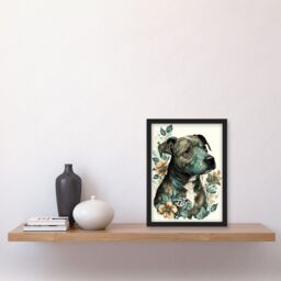 Artery8 Black Staffordshire Bull Terrier & Flowers Detailed Coloured Pencil Portrait Illustration Artwork Framed Wall Art Print A4 - thumbnail 2