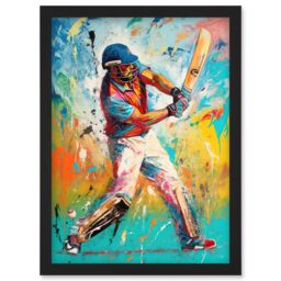 Artery8 Cricket Shot Vibrant Cricketer Batsman Portrait Artwork Framed Wall Art Print A4 in Black - thumbnail 1
