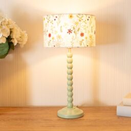 ValueLights Bobbins Sage Green Table Lamp with Floral Embroidered Drum Lamp Shade in Pale Green - thumbnail 1
