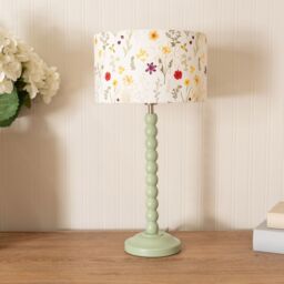 ValueLights Bobbins Sage Green Table Lamp with Floral Embroidered Drum Lamp Shade in Pale Green - thumbnail 3