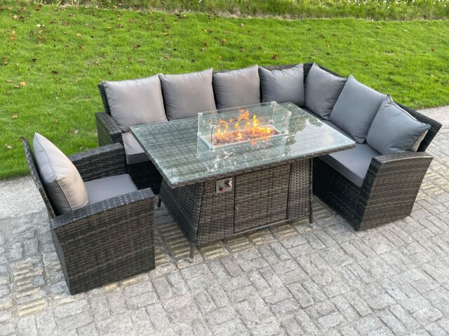 Fimous High Back Rattan Corner Sofa Set Gas Fire Pit Dining Table Heater Chair 7 Seater in Dark Grey - image 1