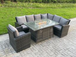Fimous High Back Rattan Corner Sofa Set Gas Fire Pit Dining Table Heater Chair 7 Seater in Dark Grey - thumbnail 4