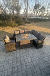 Fimous High Back Rattan Corner Sofa Set Gas Fire Pit Dining Table Heater Chair 7 Seater in Dark Grey - thumbnail 5