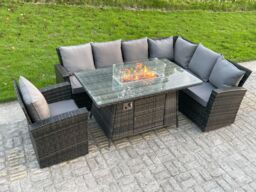 Fimous High Back Rattan Corner Sofa Set Gas Fire Pit Dining Table Heater Chair 7 Seater in Dark Grey - thumbnail 1