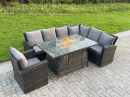 Fimous High Back Rattan Corner Sofa Set Gas Fire Pit Dining Table Heater Chair 7 Seater in Dark Grey - thumbnail 3