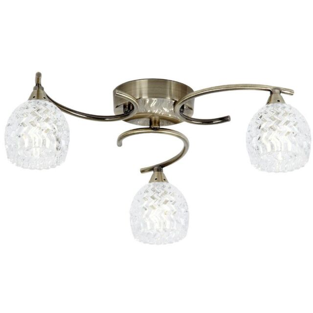 Loops Semi Flush Ceiling Light Brass Textured Glass 3 Bulb Hanging Pendant Lamp Shade in Clear - image 1