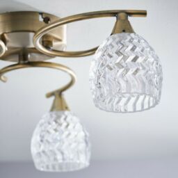 Loops Semi Flush Ceiling Light Brass Textured Glass 3 Bulb Hanging Pendant Lamp Shade in Clear - thumbnail 3