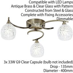 Loops Semi Flush Ceiling Light Brass Textured Glass 3 Bulb Hanging Pendant Lamp Shade in Clear - thumbnail 2