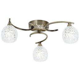 Loops Semi Flush Ceiling Light Brass Textured Glass 3 Bulb Hanging Pendant Lamp Shade in Clear - thumbnail 1