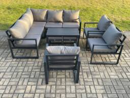 Fimous 10 Seater Aluminium Outdoor Garden Furniture Set Patio Lounge Sofa with Oblong Coffee Table Chair 2 Small Footstools Dark Grey - thumbnail 2