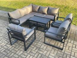 Fimous 10 Seater Aluminium Outdoor Garden Furniture Set Patio Lounge Sofa with Oblong Coffee Table Chair 2 Small Footstools Dark Grey - thumbnail 1