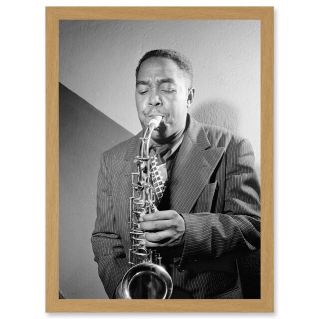Artery8 Sax Jazz Legend Bird Charlie Parker Black & White A4 Artwork Framed Wall Art Print in Light Oak - image 1