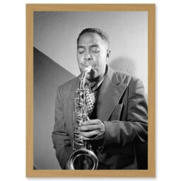 Artery8 Sax Jazz Legend Bird Charlie Parker Black & White A4 Artwork Framed Wall Art Print in Light Oak - thumbnail 1