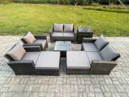 Fimous Outdoor Garden Furniture Sets 8 Pieces Wicker Rattan Furniture Manual Wicker Patio Sofa Patio Conversation Set with 2 Big Footstool - thumbnail 1