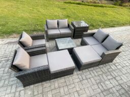 Fimous Outdoor Garden Furniture Sets 8 Pieces Wicker Rattan Furniture Manual Wicker Patio Sofa Patio Conversation Set with 2 Big Footstool - thumbnail 2