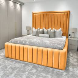 Living Comfort Bedz Hampton Slatted Base Upholstered Bed with 54-Inch panel Headboard in Mustard - Size: Double - thumbnail 1
