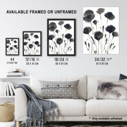 "Artery8 Abstract Flowers Black White Floral Watercolour Framed Wall Art in Grey - Size: W12"" x H16""" - thumbnail 3