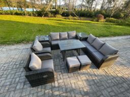 Fimous 10 Seater Rattan Outdoor Garden Furniture Sofa Set Patio Table & Chairs Set with 3 Seater Sofa Rectangular Dining Table Small Footstool - thumbnail 2