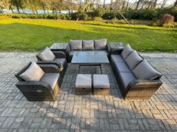 Fimous 10 Seater Rattan Outdoor Garden Furniture Sofa Set Patio Table & Chairs Set with 3 Seater Sofa Rectangular Dining Table Small Footstool - thumbnail 1