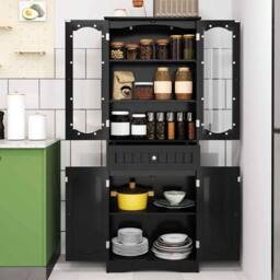 KORVIXA Freestanding Linen Cabinet with 2 Adjustable Shelves-Black in Black - Size: W700mm x H750mm - thumbnail 1
