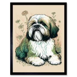"Artery8 Wall Art Print Shih Tzu Dog with Daisies Modern Multicoloured Linocut Art Framed in Black - Size: W12"" x H16""" - thumbnail 1
