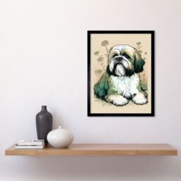 "Artery8 Wall Art Print Shih Tzu Dog with Daisies Modern Multicoloured Linocut Art Framed in Black - Size: W12"" x H16""" - thumbnail 2